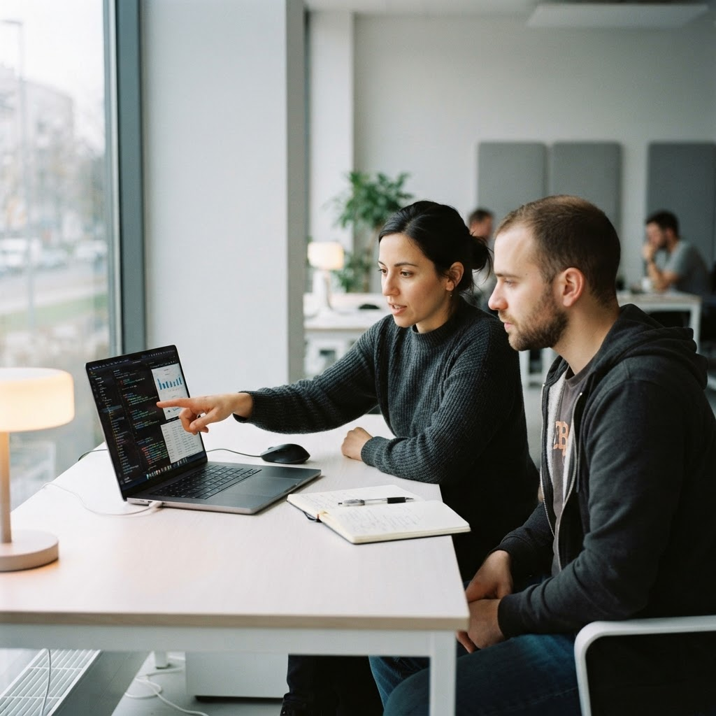 Dos consultores de Lulify revisando el código y los paneles de una web app en un portátil